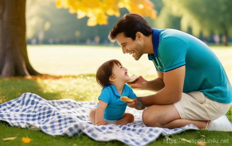 e스포츠와 스트리밍 문화 - A heartwarming scene of a young family enjoying a sunny afternoon picnic in a vibrant park. A mother...