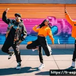 Home 18 포트나이트 월드컵 이모트 선정 - **Vibrant Emote Street Art Celebration:** A dynamic, eye-level shot of a diverse group of three youn...