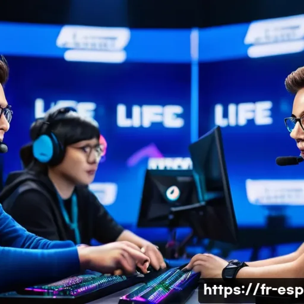 LOL e스포츠 캐스터 추천 - A vibrant esports broadcast studio scene featuring a diverse team of energetic casters and analysts ...