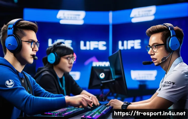 LOL e스포츠 캐스터 추천 - A vibrant esports broadcast studio scene featuring a diverse team of energetic casters and analysts ...