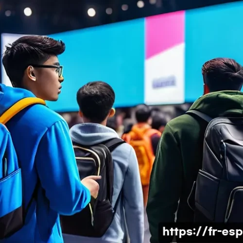 e스포츠 이벤트 참석 팁 - A vibrant e-sport event scene inside a large, modern convention center filled with diverse enthusias...