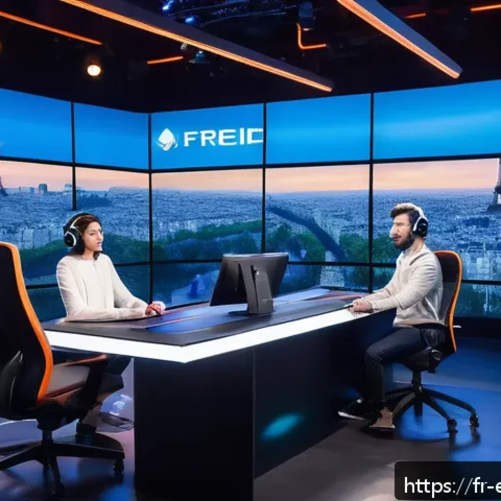 LCK 해설가 추천 - A vibrant esports broadcast studio set in Paris, featuring two French commentators seated at a sleek...