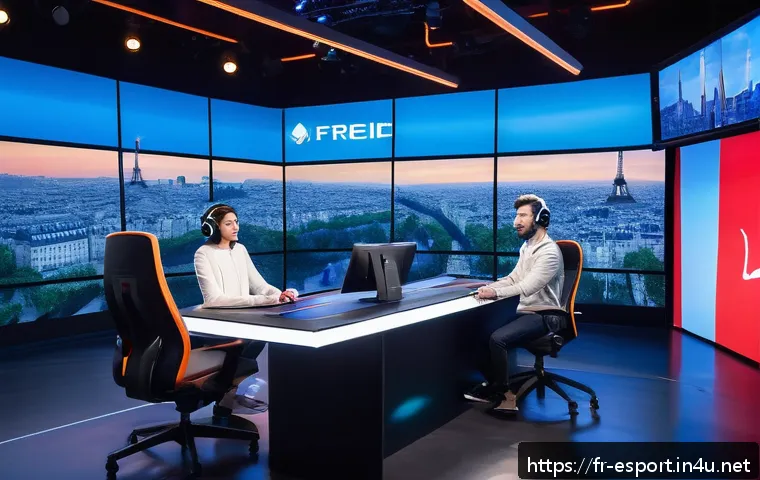 LCK 해설가 추천 - A vibrant esports broadcast studio set in Paris, featuring two French commentators seated at a sleek...