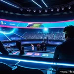 LOL 과학 기술 활용 - A futuristic esports arena scene showcasing a professional League of Legends tournament enhanced wit...