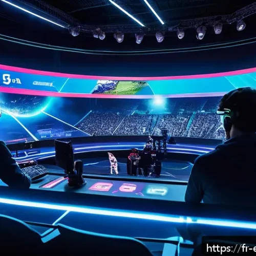 LOL 과학 기술 활용 - A futuristic esports arena scene showcasing a professional League of Legends tournament enhanced wit...