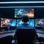 LOL 랭킹 시스템의 역사 - A dynamic esports arena scene showcasing a diverse group of players intensely focused on their compu...