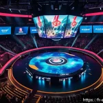 LOL와 경쟁 게임 비교 - A dynamic esports arena scene showcasing a high-stakes League of Legends match, featuring a diverse ...