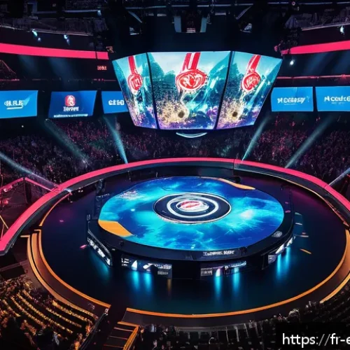 LOL와 경쟁 게임 비교 - A dynamic esports arena scene showcasing a high-stakes League of Legends match, featuring a diverse ...