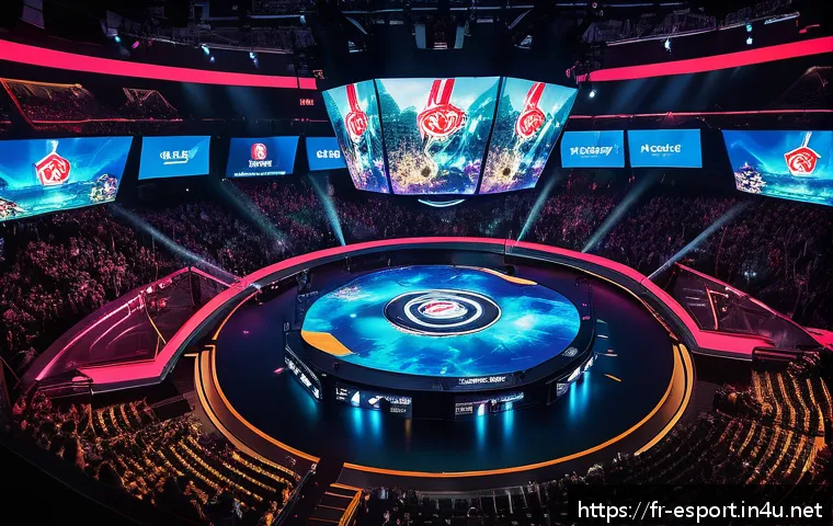 LOL와 경쟁 게임 비교 - A dynamic esports arena scene showcasing a high-stakes League of Legends match, featuring a diverse ...