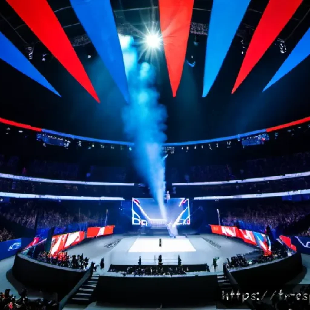 롤드컵 2022 하이라이트 - Photorealistic esports championship arena in Paris, dramatic wide-angle view from behind a roaring F...