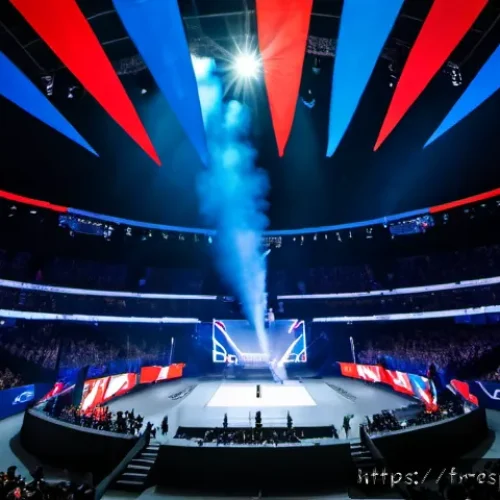 롤드컵 2022 하이라이트 - Photorealistic esports championship arena in Paris, dramatic wide-angle view from behind a roaring F...