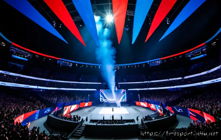 롤드컵 2022 하이라이트 - Photorealistic esports championship arena in Paris, dramatic wide-angle view from behind a roaring F...