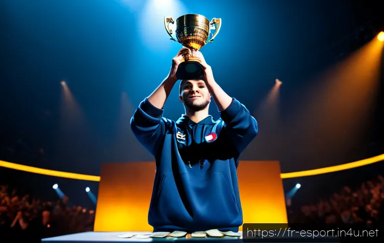 e스포츠 역대 상금 순위 - Photorealistic esports championship prize ranking concept, a focused young adult gamer in a modern P...