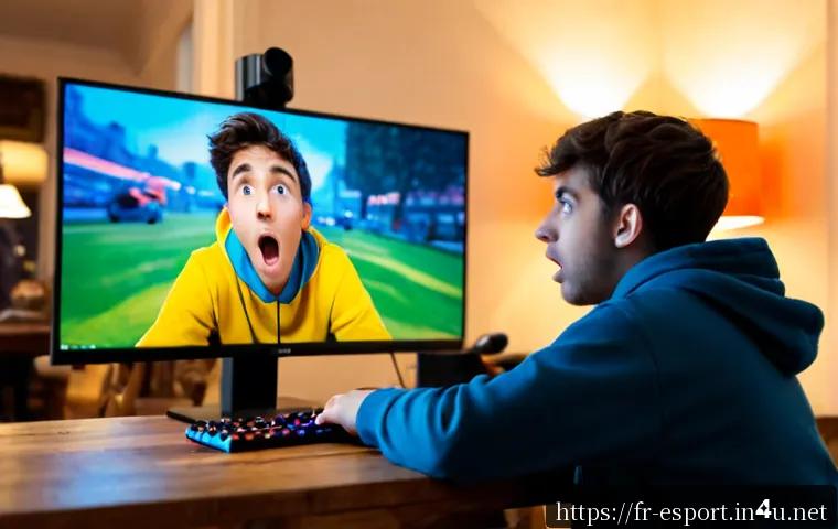 Home 17 롤 유저 패치 반응 - Photorealistic French young adult gamer in a cozy Paris apartment, reacting with surprise and excite...