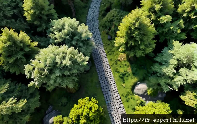 LOL 소환사의 협곡 지도 변천사 - Photorealistic overhead view of an early-era fantasy three-lane battle arena terrain, simple stone p...
